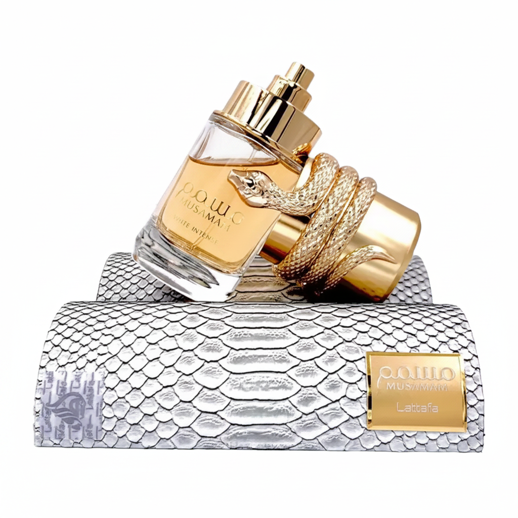 Perfume bottle with gold cap and snake design on a white background