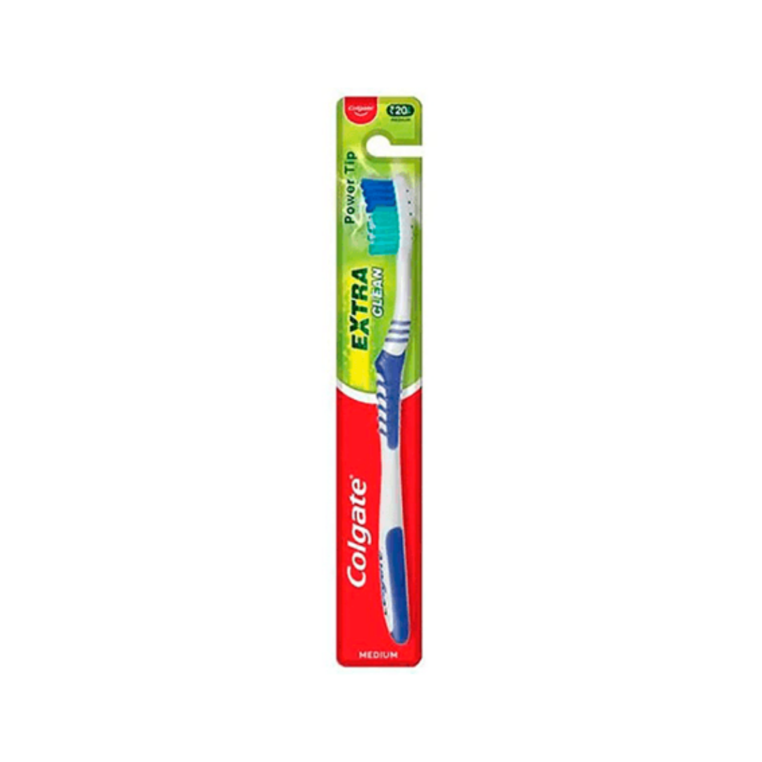 Cepillo de dientes Colgate Extra Clean con cerdas medianas y punta limpiadora.