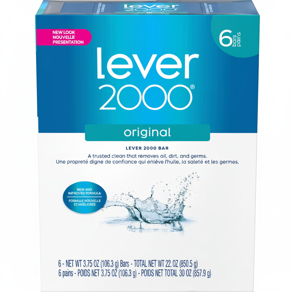 Box of Lever 2000 soap bars with blue and white design