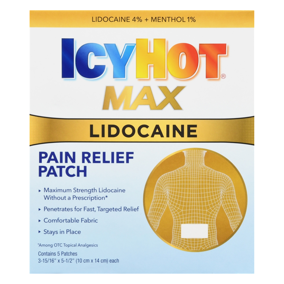 Parche para dolor Icy Hot Max Lidocaine, alivio rápido y potente con 5 unidades.