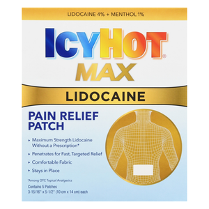 Parche para dolor Icy Hot Max Lidocaine, alivio rápido y potente con 5 unidades.