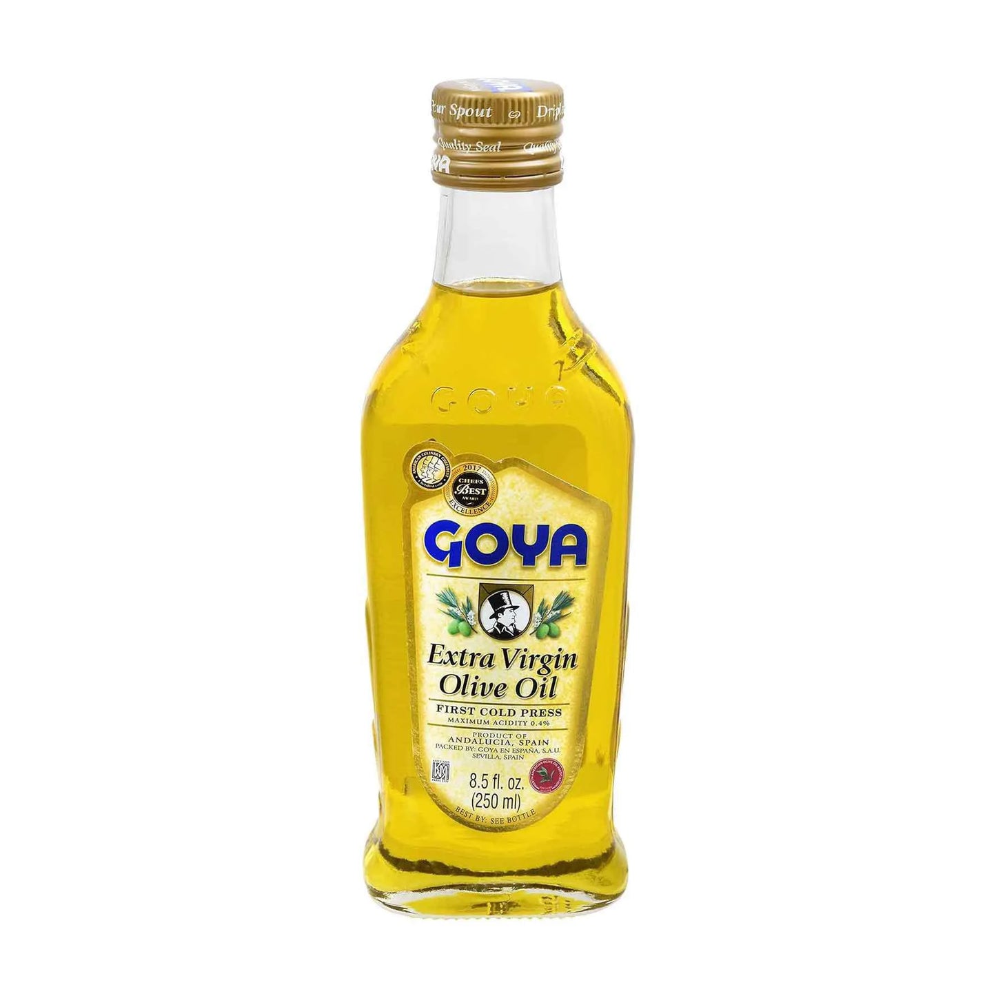 A 230 ml bottle of Goya Extra Virgin Olive Oil, showing the golden-yellow oil inside a clear glass bottle with a gold cap and a blue and yellow label.