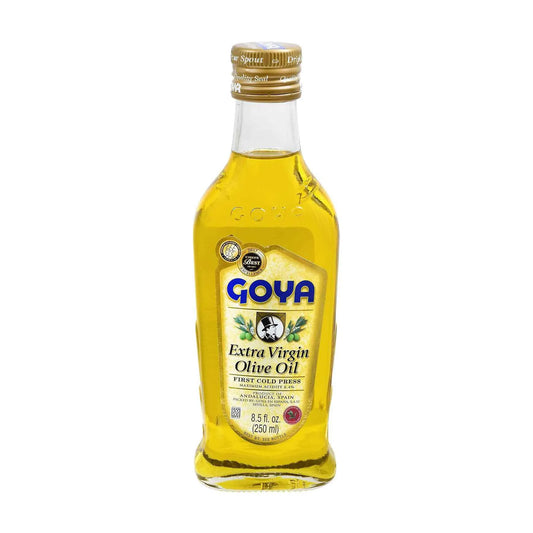 A 230 ml bottle of Goya Extra Virgin Olive Oil, showing the golden-yellow oil inside a clear glass bottle with a gold cap and a blue and yellow label.