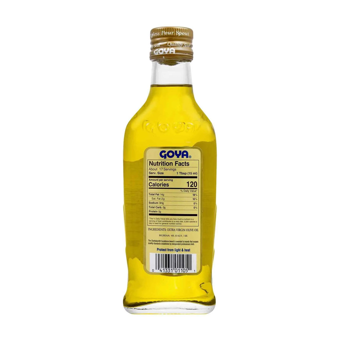 A bottle of Goya extra virgin olive oil shown from the back, displaying the nutrition facts label and barcode against a plain white background.