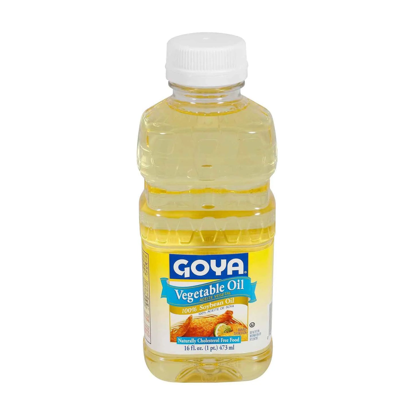 A 16 fl oz plastic bottle of Goya Vegetable Oil, 100% Sunflower Oil, with a white cap and a yellow label, isolated on a white background.