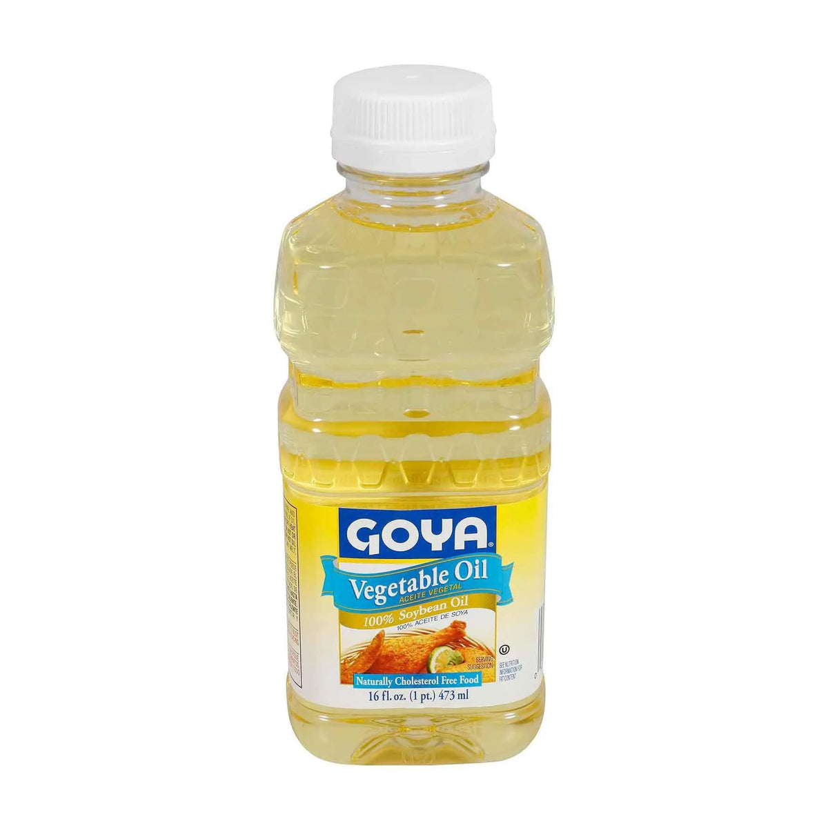 A 16 fl oz plastic bottle of Goya Vegetable Oil, 100% Sunflower Oil, with a white cap and a yellow label, isolated on a white background.