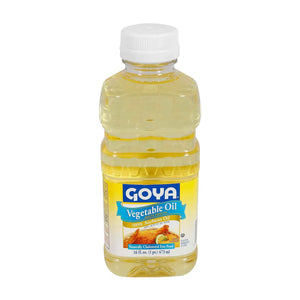 A 16 fl oz plastic bottle of Goya Vegetable Oil, 100% Sunflower Oil, with a white cap and a yellow label, isolated on a white background.