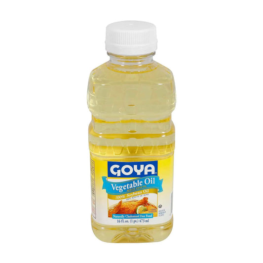 A 16 fl oz plastic bottle of Goya Vegetable Oil, 100% Sunflower Oil, with a white cap and a yellow label, isolated on a white background.
