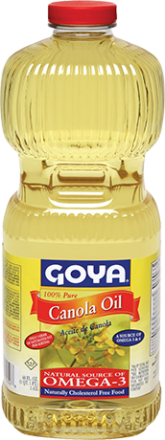 A plastic bottle of Goya 100% Pure Canola Oil with a red cap and a yellow label featuring the Goya brand logo.