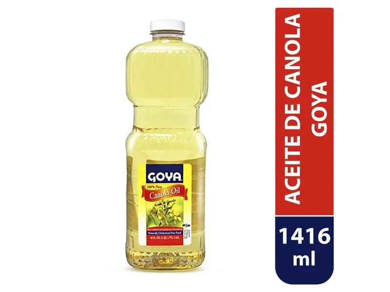 A bottle of Goya Canola Oil next to a red and blue vertical label indicating 'ACEITE DE CANOLA GOYA' and '1416 ml'.