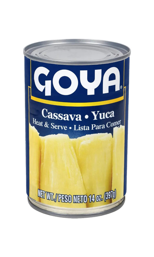 A 14 oz can of Goya Cassava Yuca, showing the blue and yellow label with white text and a photo of sliced yellow cassava on a white background.