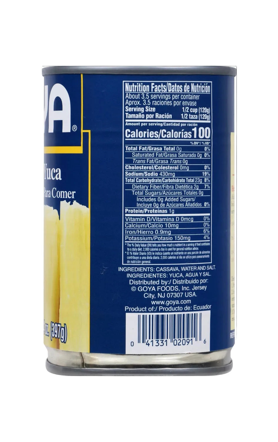 Close-up of the back nutrition label of a Goya brand yellow and blue can of Yuca, Agua y Salt.