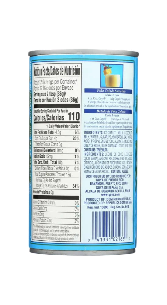 A close-up of the front and side label of a can of Pita Coljada Smoothie, showing nutrition facts, ingredients, and a barcode on a white background.