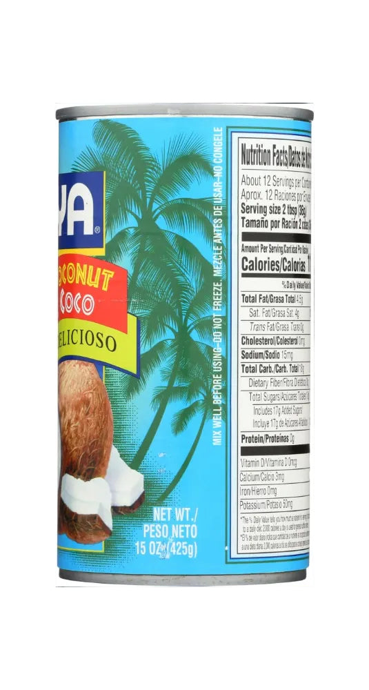 A can of Yaya Coconut Coco Delicioso canned coconut milk, featuring a bright blue label with green palm tree graphics, a brown coconut illustration, and a white nutrition facts panel.