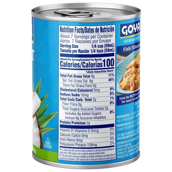 A can of Goya Lechona Caza Fish Fillettes on a white background, showing the front nutrition facts label and the side of the can with product imagery.