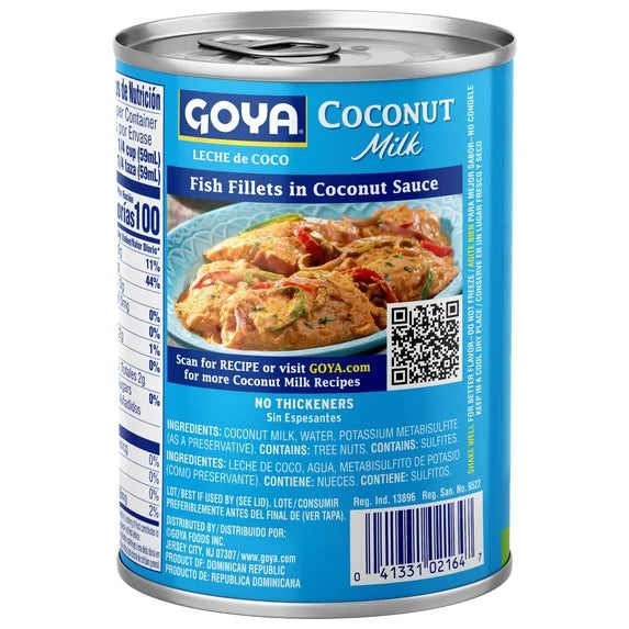 A can of Goya Coconut Milk Fish Fillets in Coconut Sauce, showing the front label with product details, nutrition facts, and a barcode on a white background.