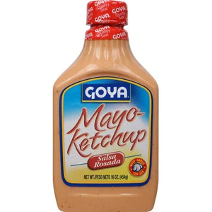 A 16 oz bottle of Goya Mayo-Ketchup Salsa Rosada, featuring a light brown sauce inside, a blue and yellow label, and a red cap with Goya branding.