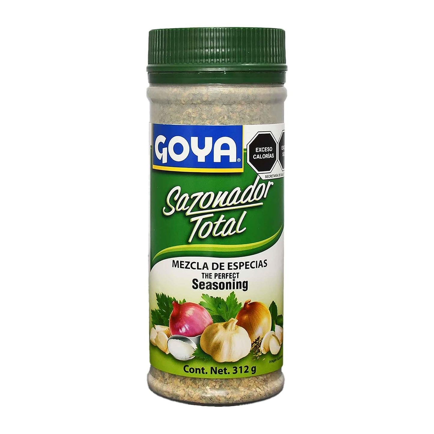 A 312g plastic bottle of Goya Sazonador Total (The Perfect Seasoning) with a green cap and a green, white, and blue label featuring garlic and onion illustrations.
