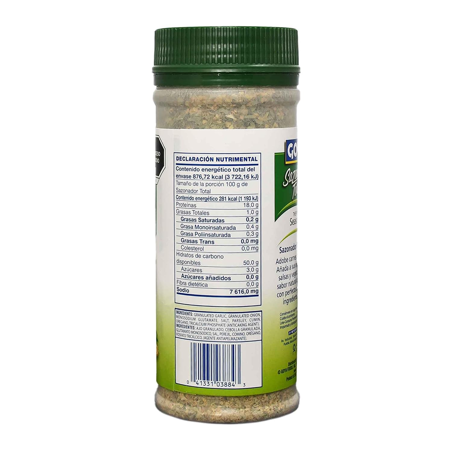 A plastic shaker bottle of Guayabera Salado seasoning with a green cap, showing the Spanish nutritional facts label on a white background.