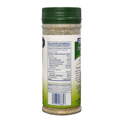 A plastic shaker bottle of Guayabera Salado seasoning with a green cap, showing the Spanish nutritional facts label on a white background.