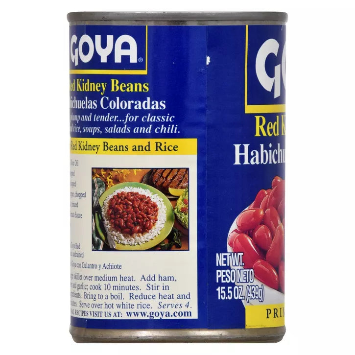 A can of Goya Red Kidney Beans and Rice, featuring a blue label with yellow and white text, a photo of prepared food, and an illustration of red kidney beans.