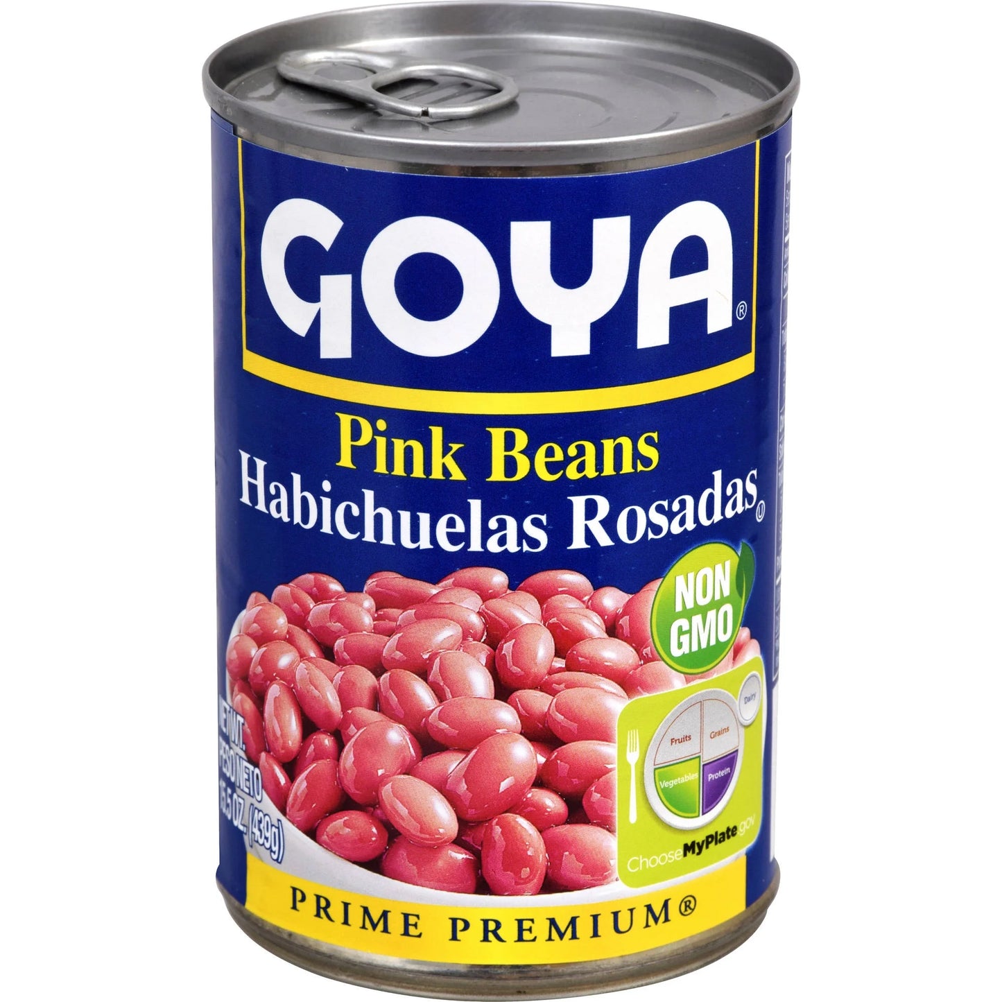 A can of Goya Pink Beans (Habichuelas Rosadas) on a plain white background. The can features a dark blue label with the brand name 'GOYA' in large white letters, yellow accents, and a photo of cooked pink beans on the front.