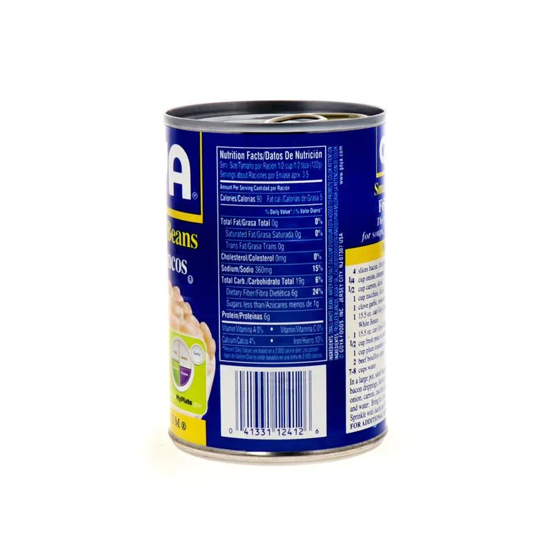 A can of canned fish shown from the back, displaying the blue label with nutrition facts, barcode, and product details on a white background.