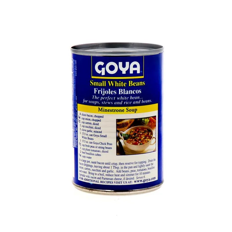 A can of Goya Small White Beans (Frijoles Blancos) for Minestrone Soup, featuring a blue and white label with yellow text, set against a plain white background.