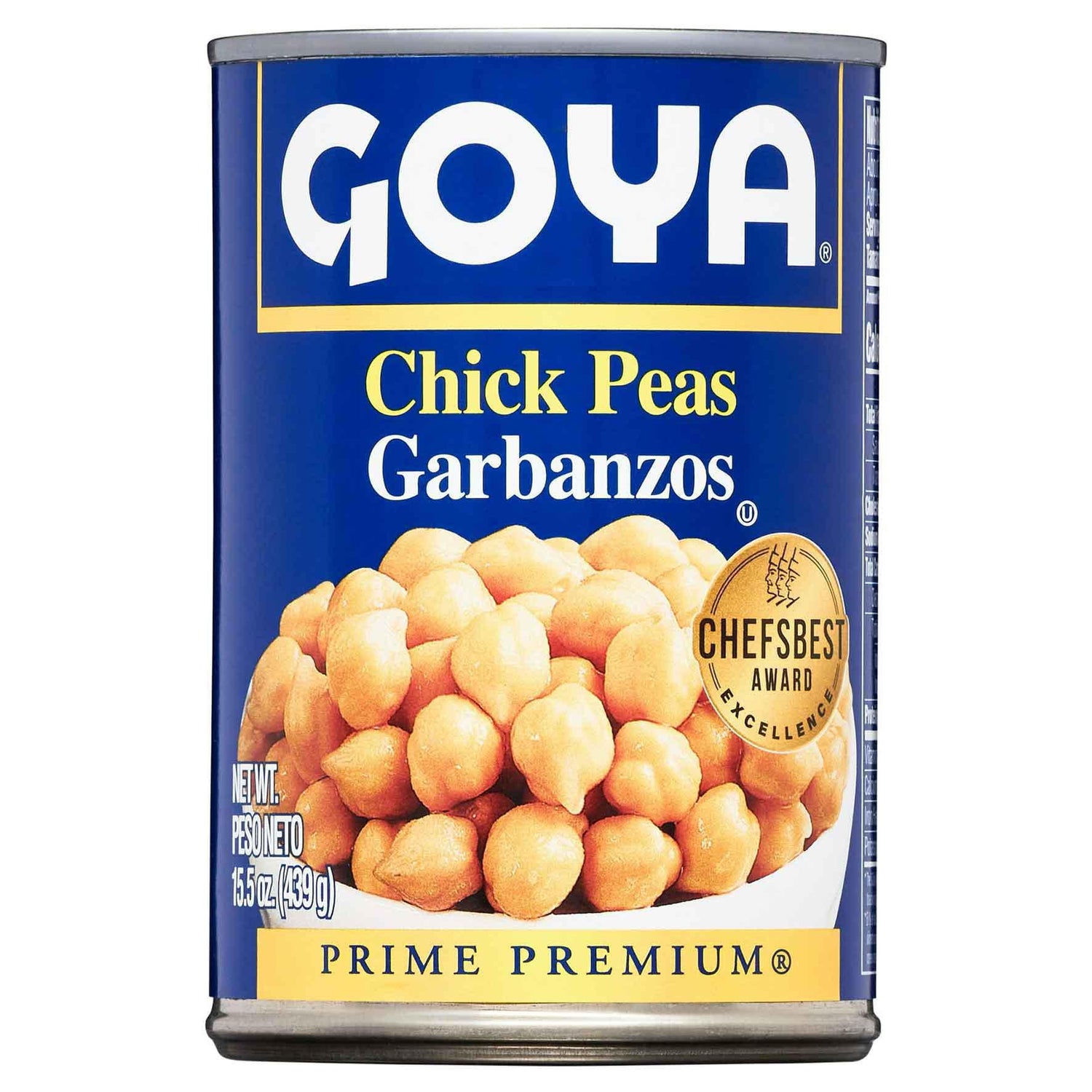 A can of Goya Chick Peas Garbanzos, showing the front label with the blue Goya brand logo, yellow text, a photo of cooked chick peas, and a gold 'ChefsBest Award' seal.