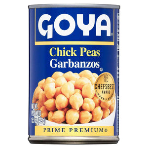 A can of Goya Chick Peas Garbanzos, showing the front label with the blue Goya brand logo, yellow text, a photo of cooked chick peas, and a gold 'ChefsBest Award' seal.