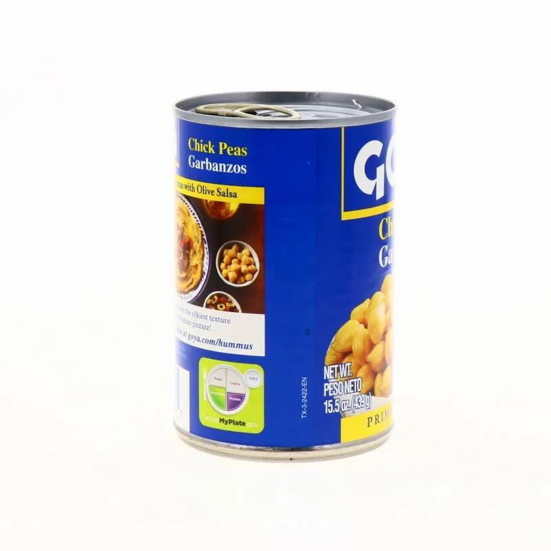 A can of Gozana Chick Peas Garbanzos with Olive Salsa, featuring a blue label with yellow and white text and images of the prepared food, set against a plain white background.