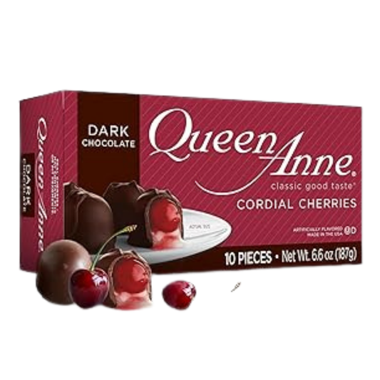 Queen Anne cerezas cubiertas de chocolate oscuro, caja de 10 piezas.