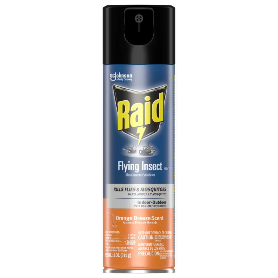 Raid Flying Insect Killer Orange Breeze, mata insectos y perfuma, 11oz.