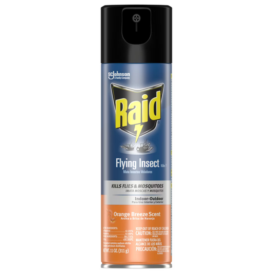 Raid Flying Insect Killer Orange Breeze, mata insectos y perfuma, 11oz.