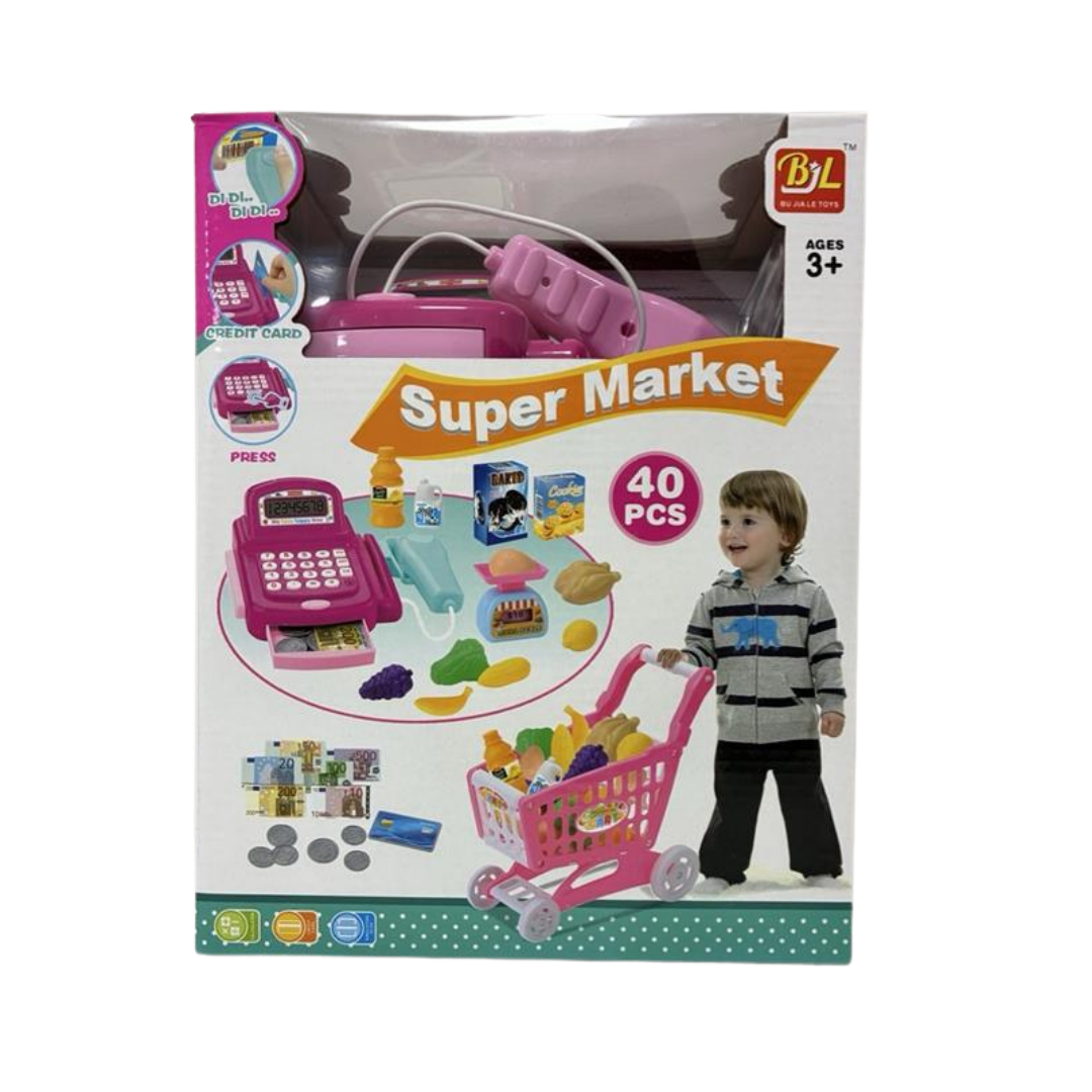BJL Toys Super Market set de supermercado de juguete con carrito y caja registradora