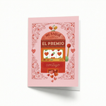 Tarjeta de felicitación Farmacia Savia con diseño de máquina de premios y corazones