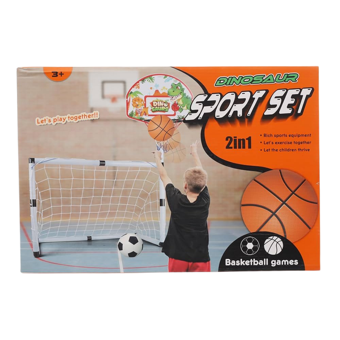 Dinosaur Sport Set 2 en 1 canasta de baloncesto y portería de fútbol para niños