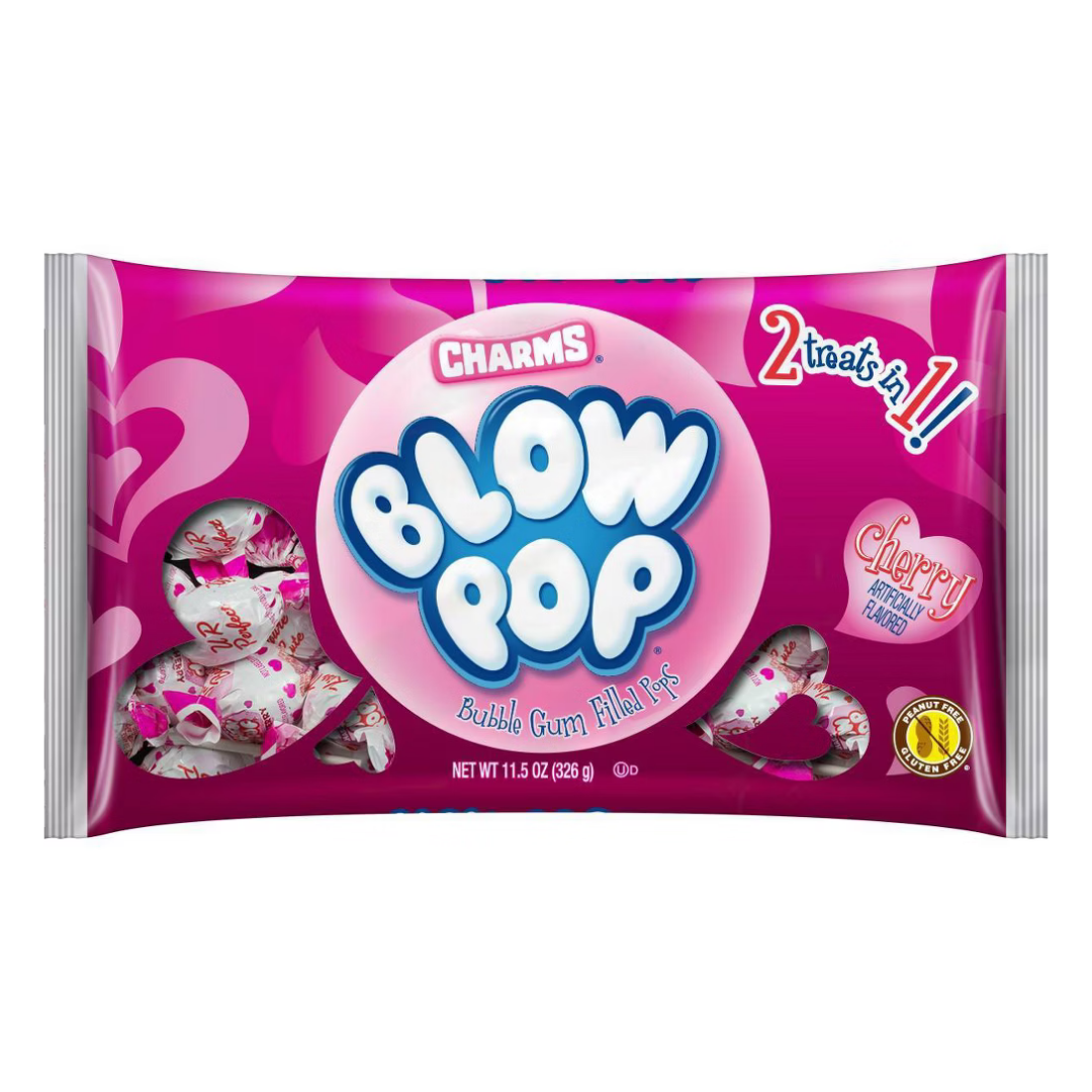 Bolsa de paletas Charms Blow Pop Valentine sabor cereza rellenas de chicle