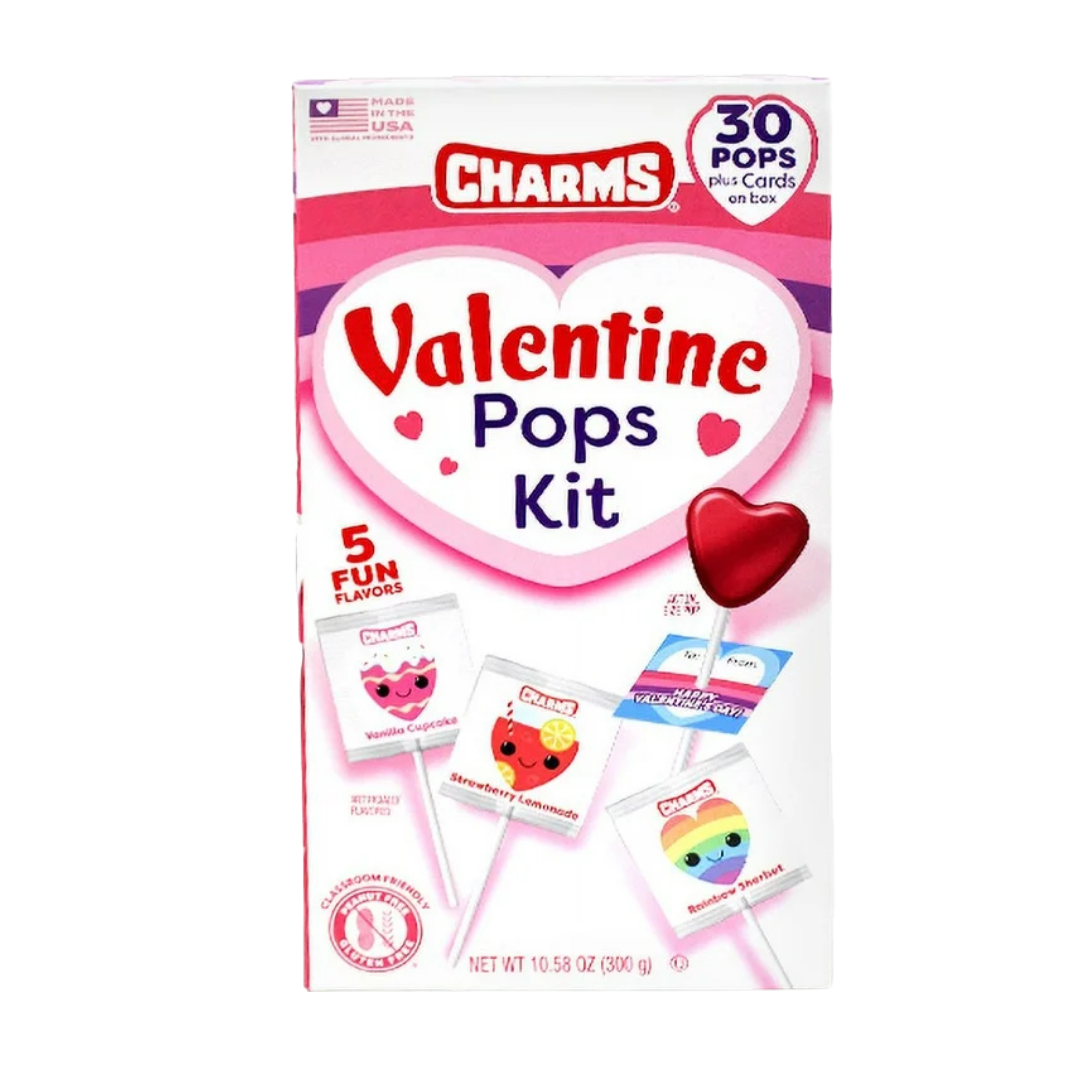 Charms Valentine Pops Kit caja con 30 paletas y tarjetas de intercambio