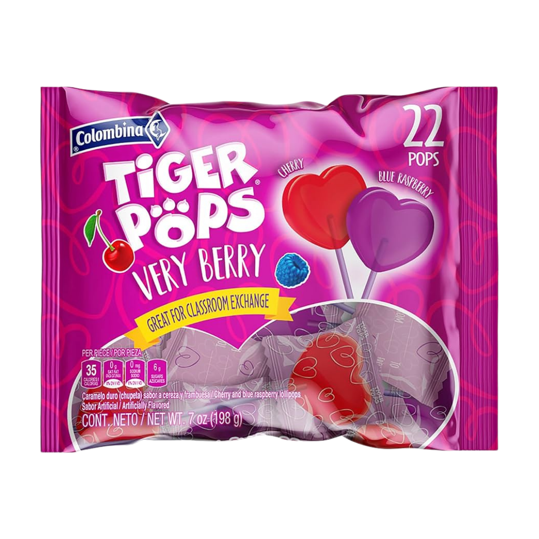 Colombina Tiger Pops Very Berry paletas de corazón bolsa de 22 unidades