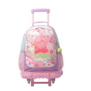 Pink children's backpack with wheels on a white background