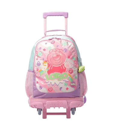 Pink children's backpack with wheels on a white background
