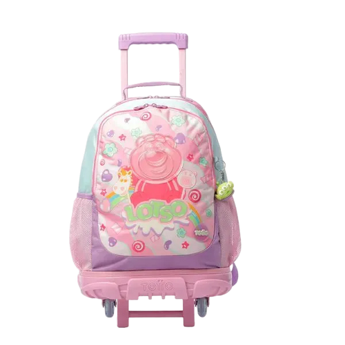 Pink children's backpack with wheels on a white background