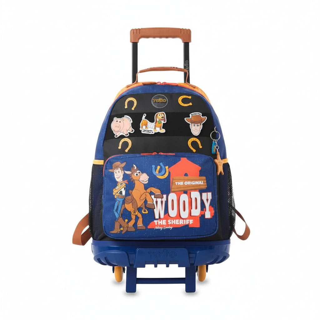 Backpack with cartoon characters and 'Woody' text on a white background