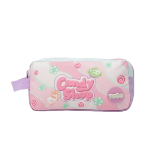 A pink zippered pencil case featuring a 'Candy Shop' design with green alien characters, candy swirls, and flowers, shown on a white background.