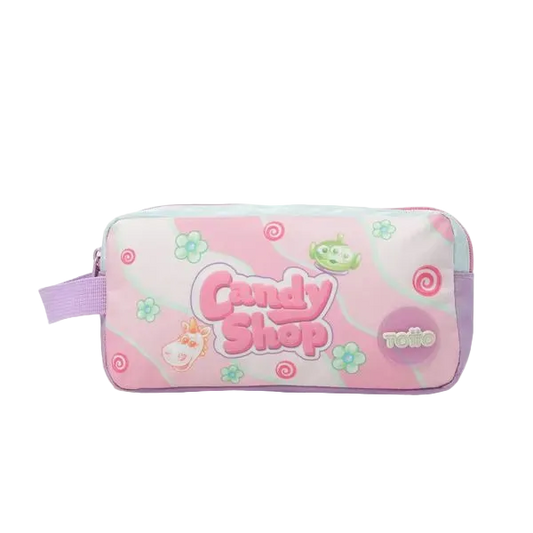 A pink zippered pencil case featuring a 'Candy Shop' design with green alien characters, candy swirls, and flowers, shown on a white background.