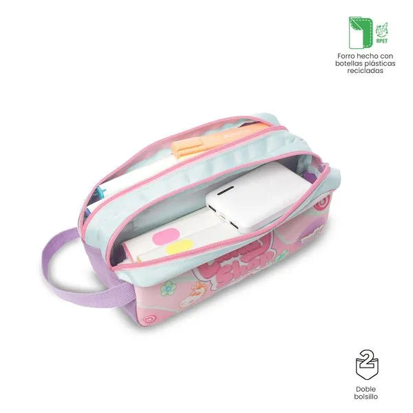 Pink and light blue pencil case with stationery items on a white background