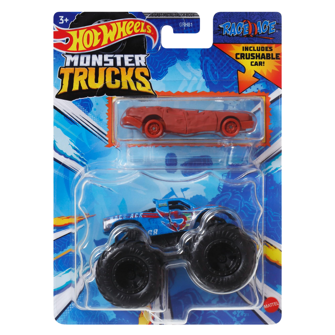 Hot Wheels Monster Trucks Race Ace camión juguete escala 1:64 con coche aplastable
