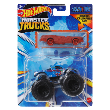 Hot Wheels Monster Trucks Race Ace camión juguete escala 1:64 con coche aplastable