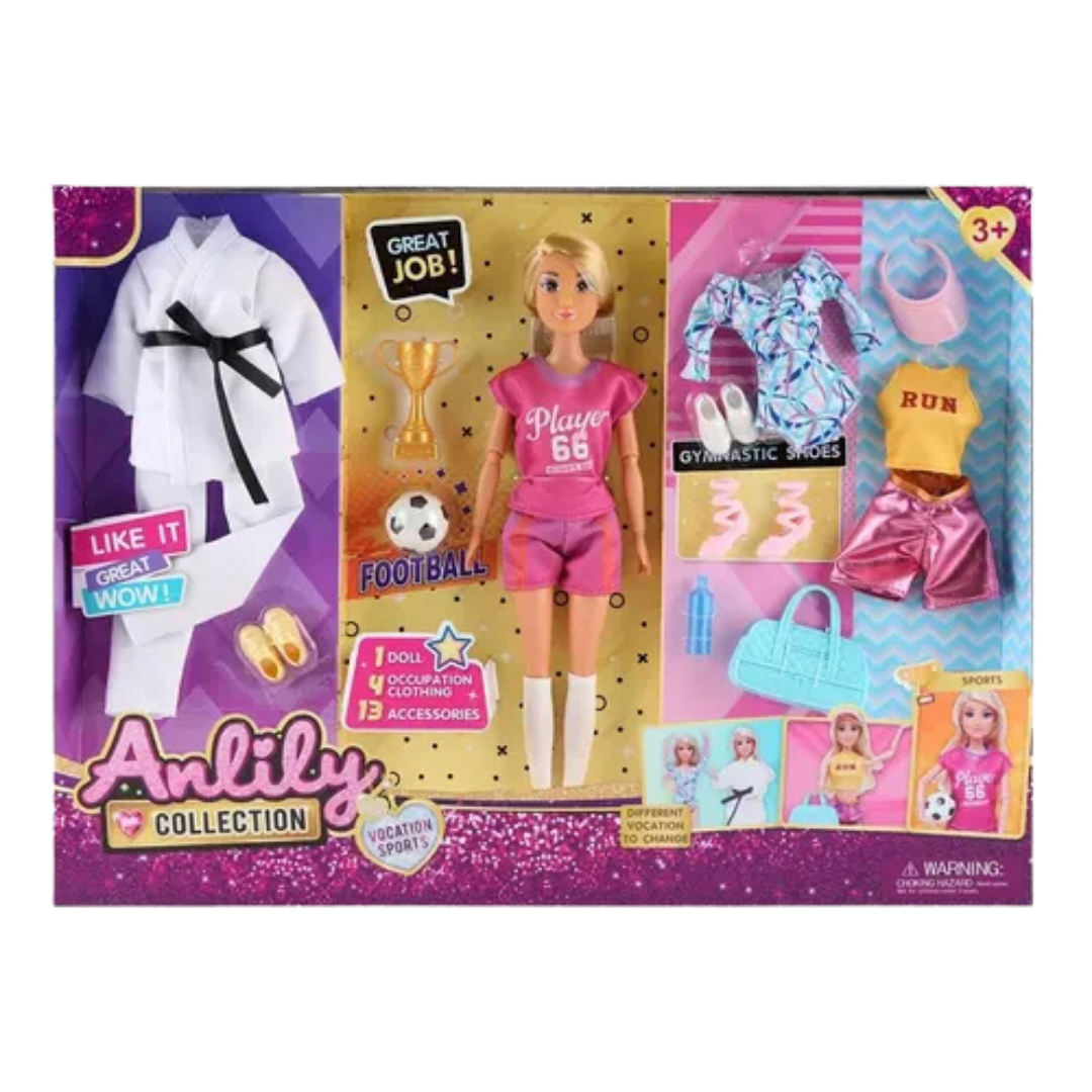 Set de muñeca Anlily Vocation Sports con uniformes de fútbol karate y gimnasia